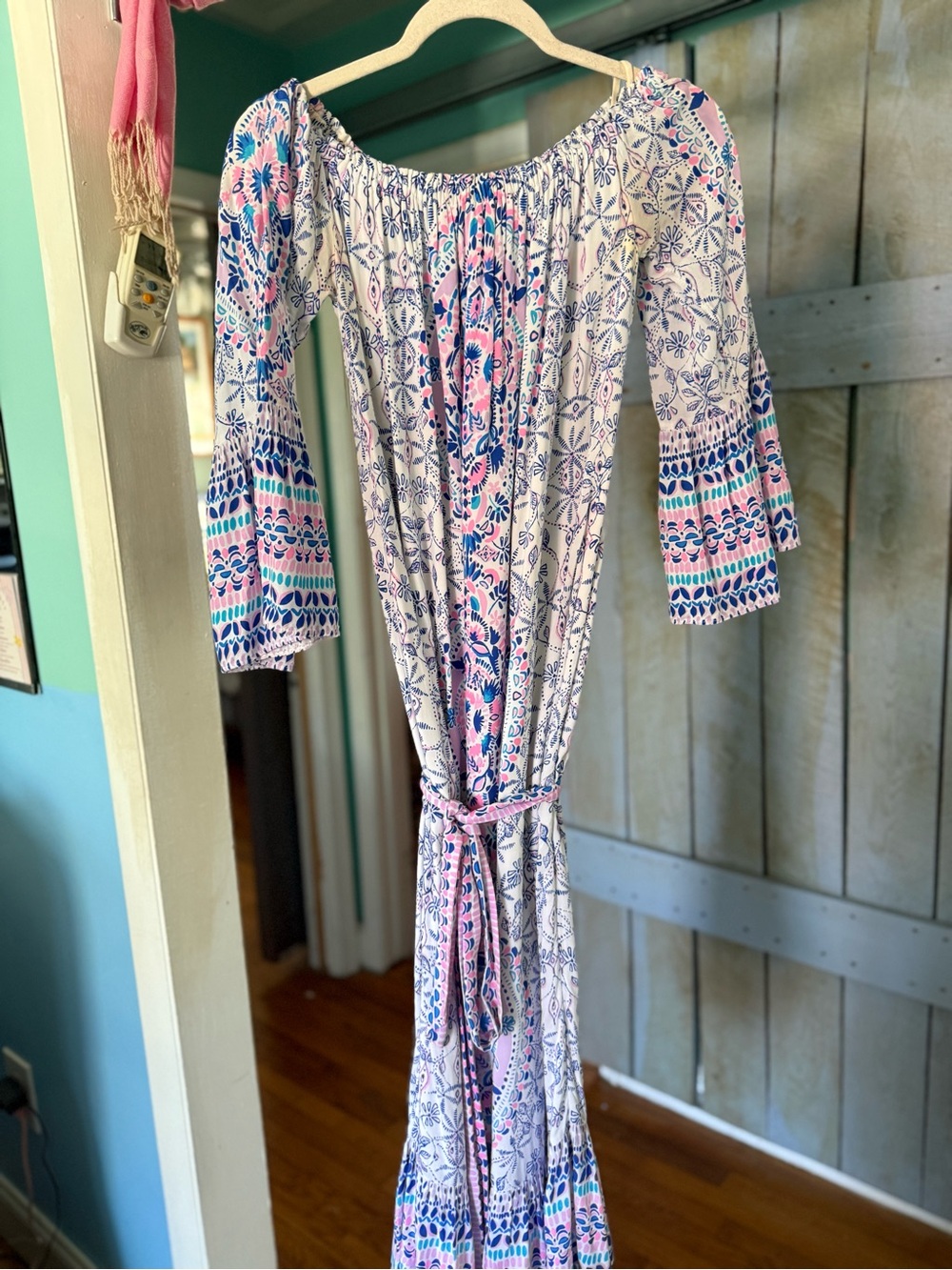 Lilly Pulitzer White Pink and Blue Off-Shoulder Maxi Dress